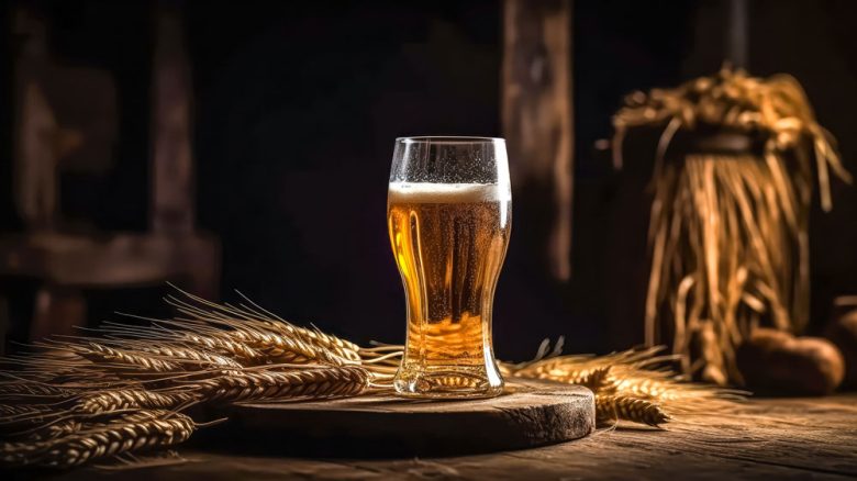 Bierglas, halb gefüllt, dekorativ auf einem Holzbrett mit Weizenähren drappiert.